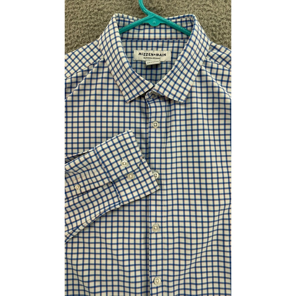 Mizzen + Main Performance Menswear Shirt Blue Check Trim Fit Large L Long Sleeve